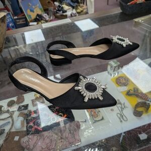 Berness Black Embellished Pointed Toe Slingback Flats With Jewels